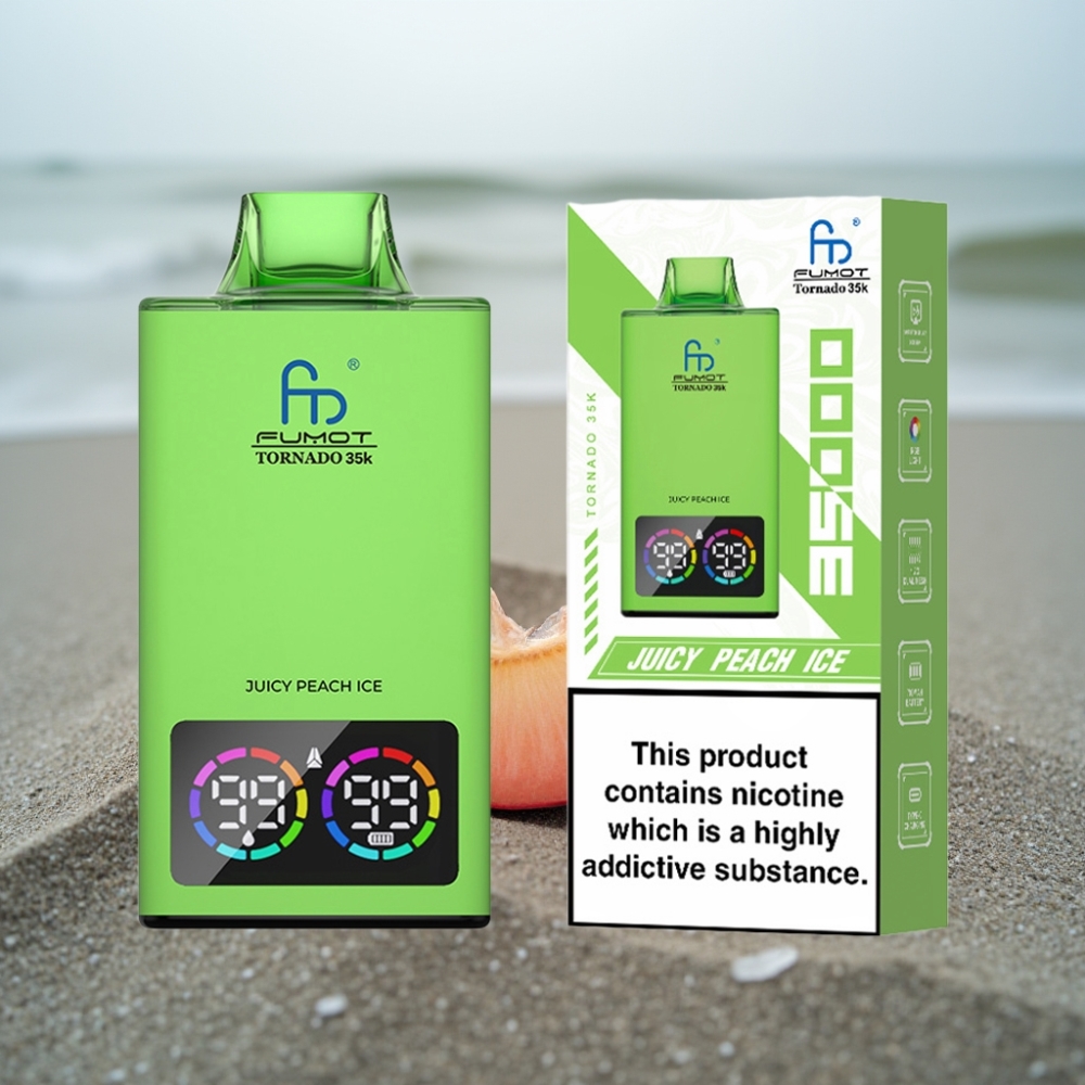 Fumot Tornado 35K Disposable Vape 35000 Puffów Podwójna Mesh Wskaźnik Liquidu Sokowa Brzoskwinia Lód USB-C