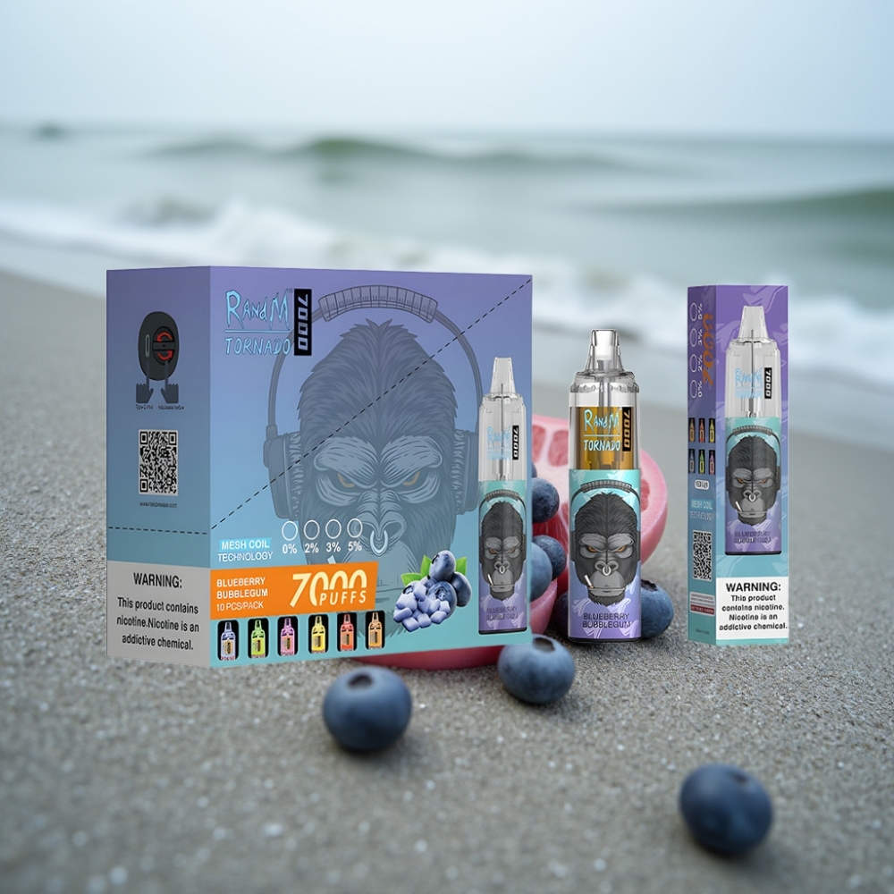 RandM Fumot Tornado 7000 Puffs Disposable Vape Borówka-Guma Balonowa 14ML Typ-C RGB Regulacja Powietrza