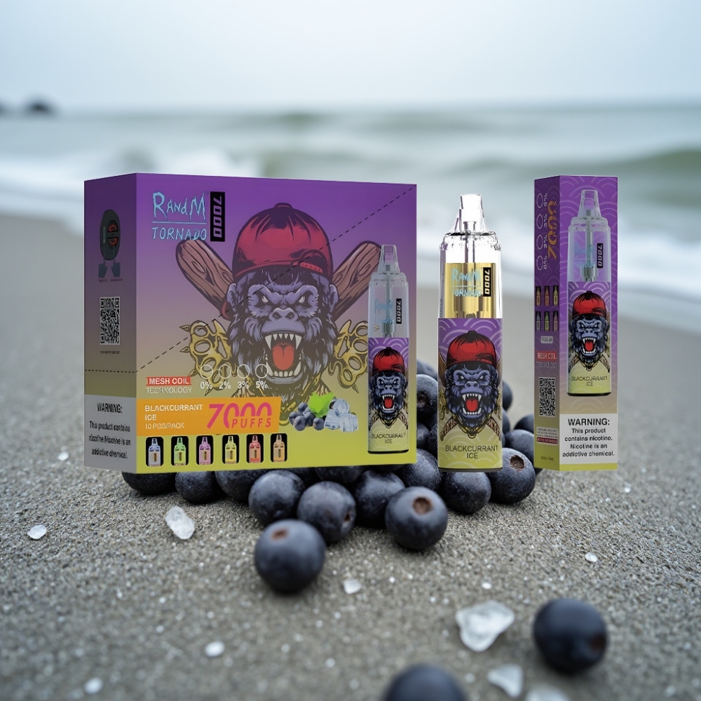 RandM Fumot Tornado 7000 Puffs Disposable Vape Czarna Porzeczka Lód 14ML Mesh Typ-C RGB
