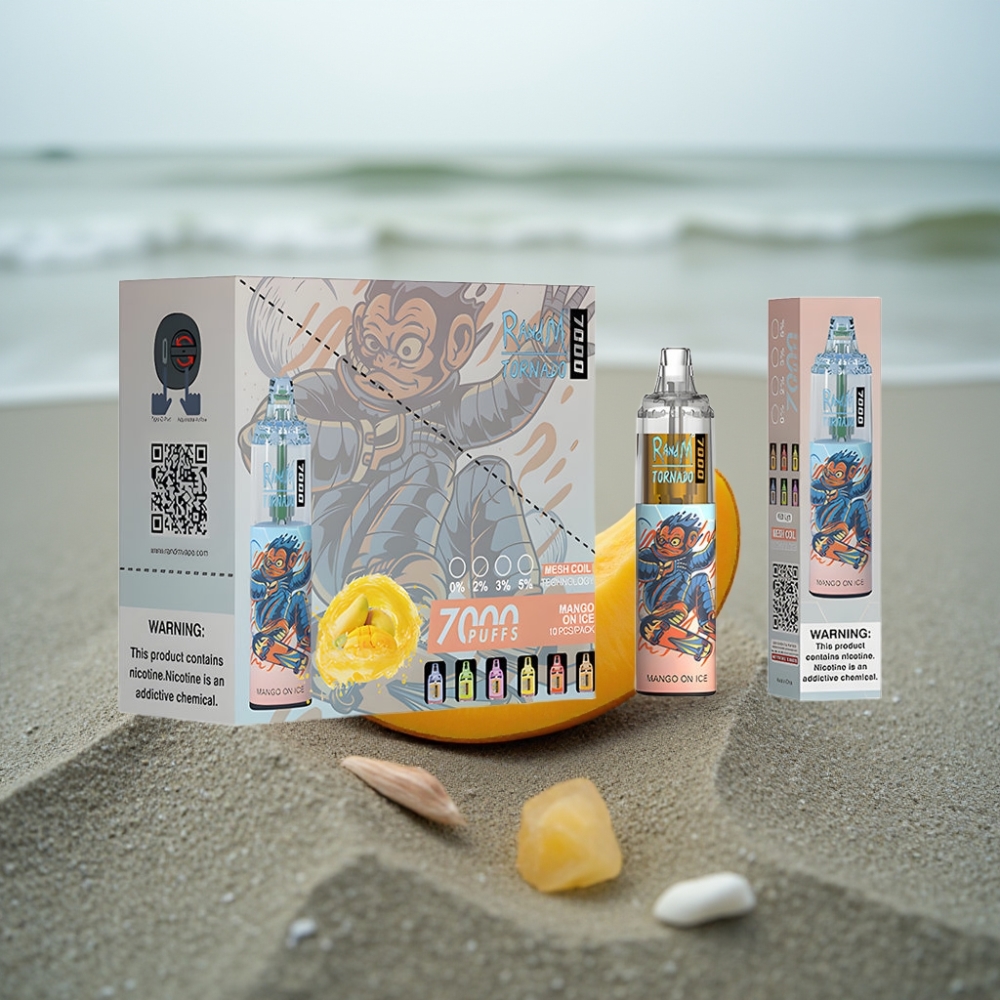 RandM Fumot Tornado 7000 Puffs Disposable Vape Mango Z Lodem 14 ML Typ-C RGB