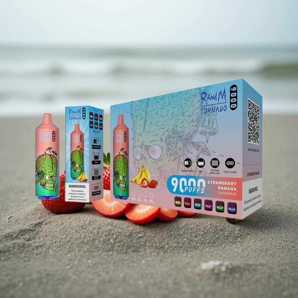 RandM Tornado 9000 Puffs 850 mAh 18 mL Mesh Coil RGB Truskawka Banan
