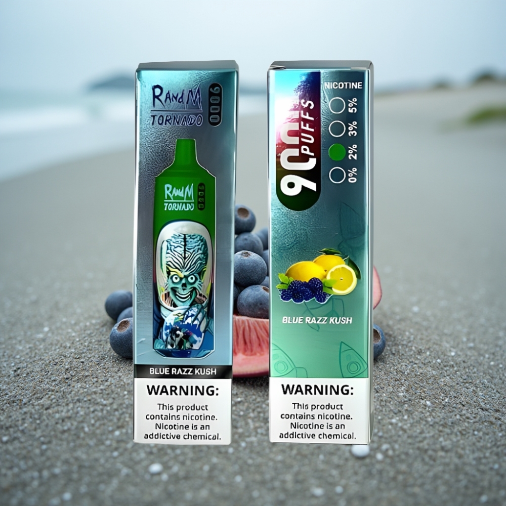 RandM Tornado 9000 Puffs Ładowany 850 mAh Miętowa Cewka 18 mL Blue Razz Kush