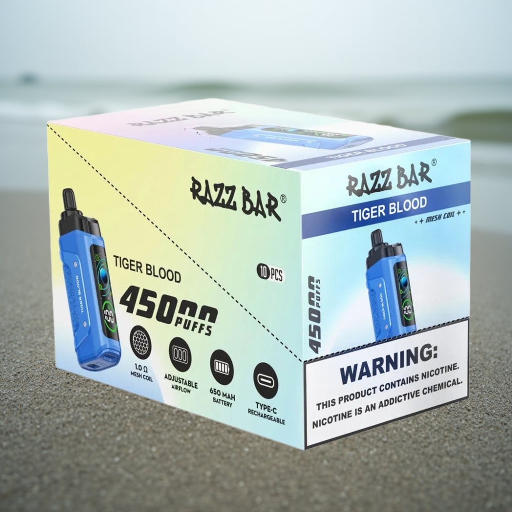 Razz Bar 45000 Puffs Jednorazowy E-papieros Krew Tygrysa 10 Ohm Mesh Type-C 20 mg/ml