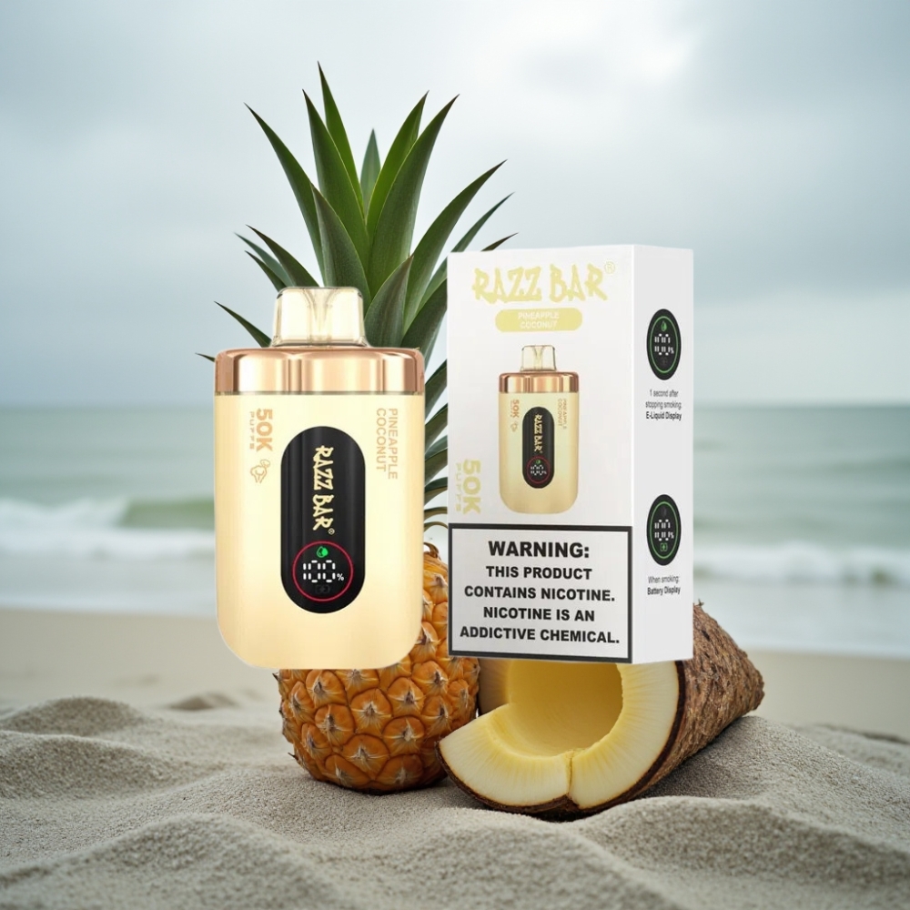 Razz Bar 50K Puffs Disposable Vape Ananas Kokos 50000 Puffs 10 Ohm Mesh 650mAh Type-C 2 Nikotyna