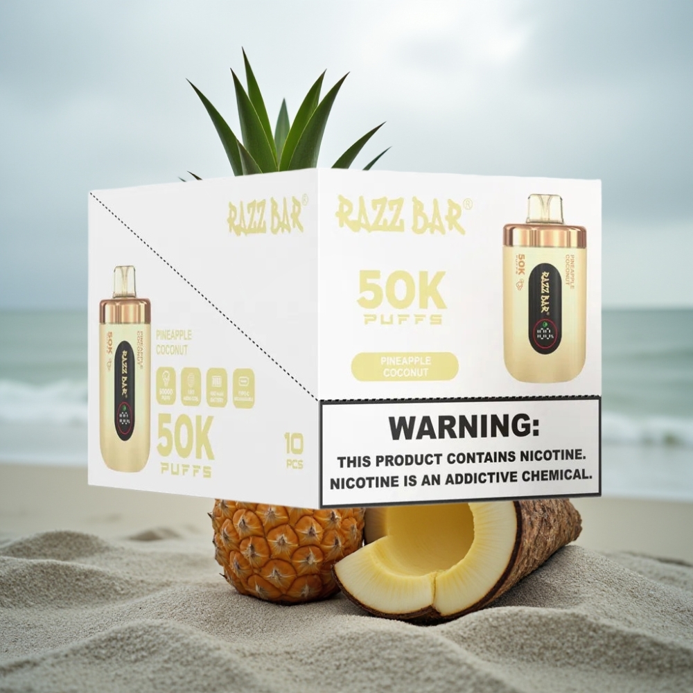 Razz Bar 50K Puffs Disposable Vape Ananas Kokos 50000 Puffs 10 Ohm Mesh 650mAh Type-C 2 Nikotyna