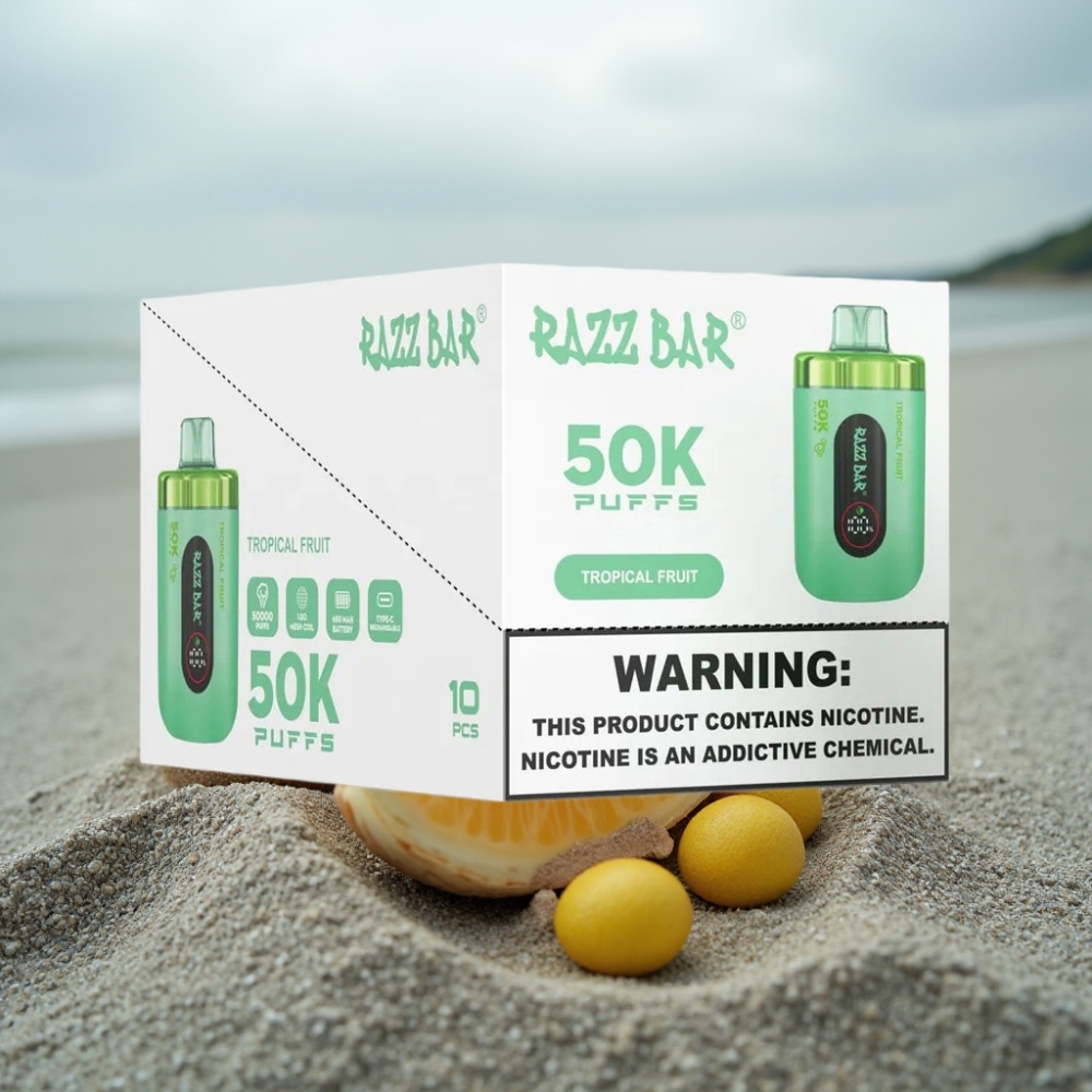 Razz Bar 50K Puffs Disposable Vape Owoc Tropikalny 10 Ohm Mesh 650 mAh Type-C