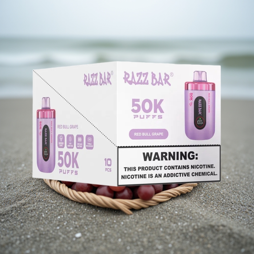 Razz Bar 50K Puffs Jednorazowy E-papieros Red Bull Winogrono 10 Ohm Mesh 650 mAh Type-C 2 Nikotyny